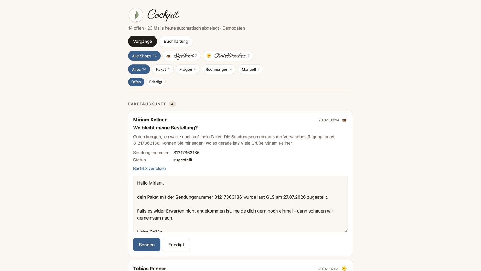 The cockpit: open cases sorted by shop and type, each with the reply draft and the send button. Template with demo data